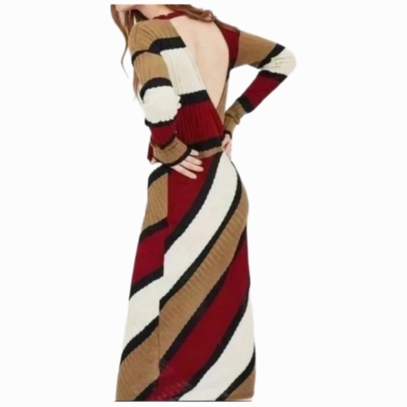 Zara Trafulac Red Tan Maxi Sweater Dress - Picture 2 of 6